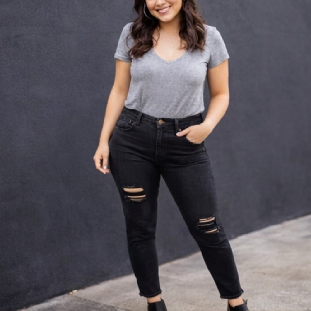 Fashion Nova Black Distressed Skinny‎ Jeans Women's 7/8 High Rise Stretch Denim